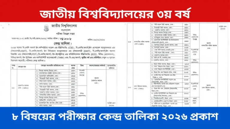 জাতীয় বিশ্ববিদ্যালয়ের ৩য় বর্ষ ৮ বিষয়ের পরীক্ষার কেন্দ্র তালিকা ২০২৬ প্রকাশ